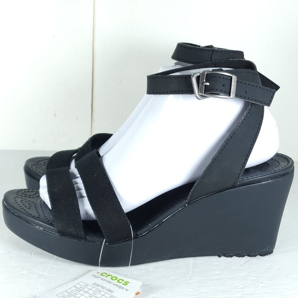 Crocs Women's Leigh II US 10 Black Canvas Ankle Strap Wedge Comfort Sandals NWT - Picture 2 of 16